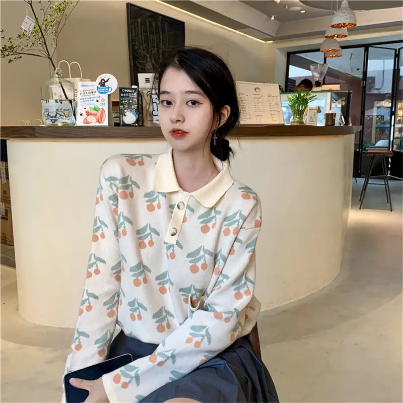 

Sweet Cherry Printed Turn Down Collar T-shirt Sweater For Women Autumn Winter Knitted Pullovers Female