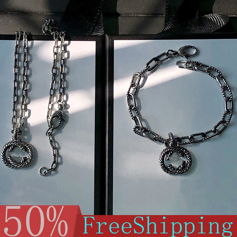 

High Quality Original Luxury Brand 925 Sterling Silver Retro Hip Hop Couple Ladies Men Necklace Bracelet Fashion Gift