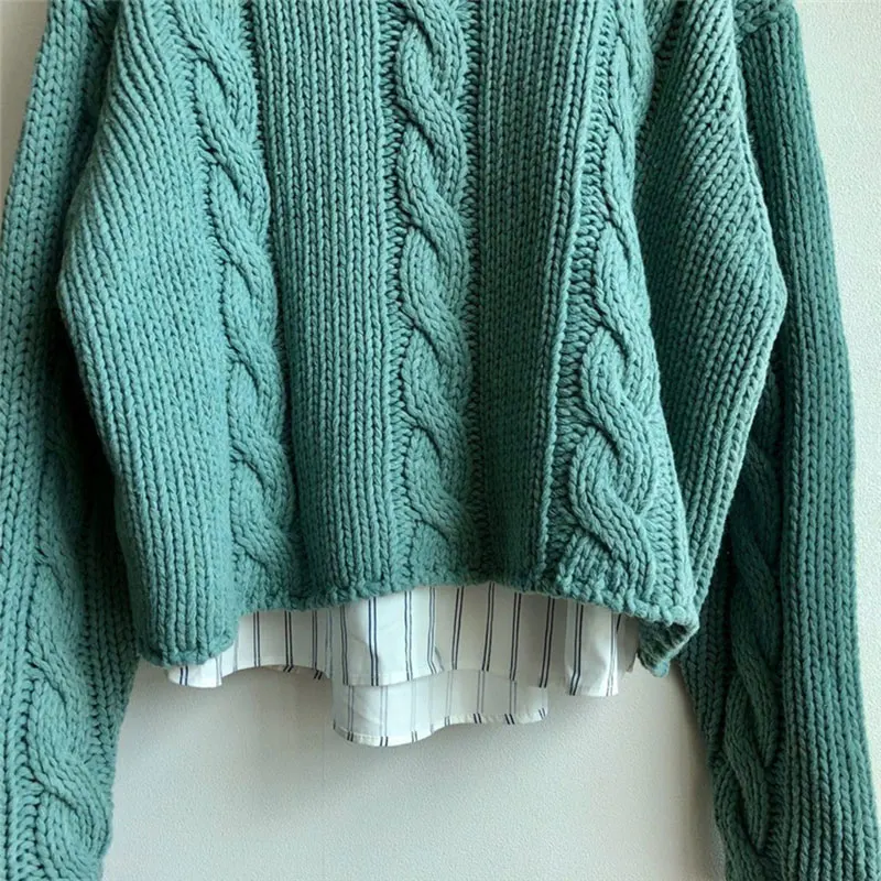 

Knitted women Loose Turtleneck Sweater Patchwork Striped Shirt fall korean Ladies Pullover Chic Lazy Oaf Blusa de frio feminina