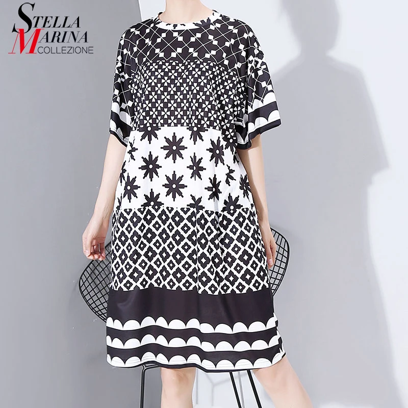 Женское платье средней длины с разноцветным принтом стильное свободное прямое