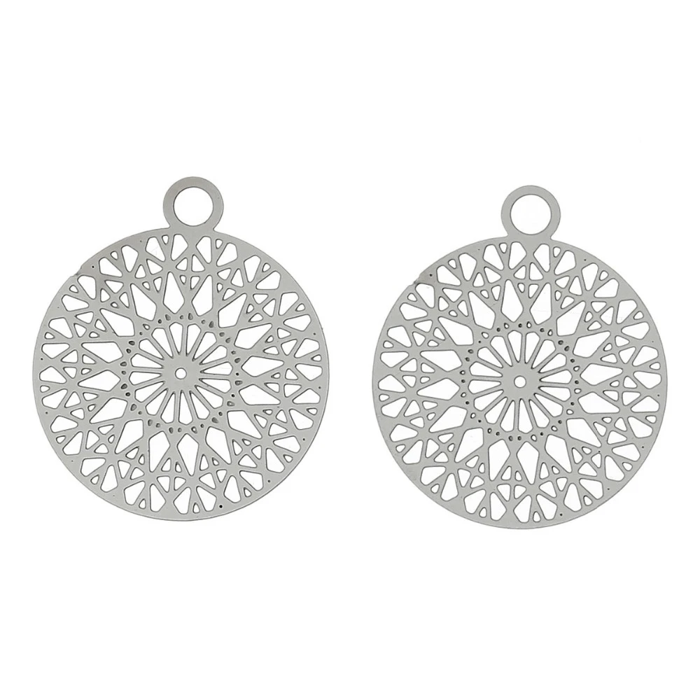 

2PCs Hot Sale Fashion Filigree Stainless Steel Charm Pendants Round silver color Flower Hollow Carved DIY 22 x 18mm