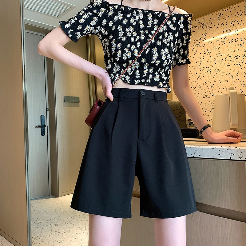 

YTX419 2021 new spring five-point pants high waist slimming loose casual pants black shorts