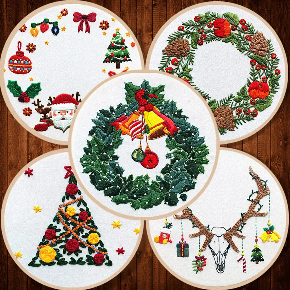 

Christmas DIY Flowers Plants Pattern Embroidery Set Needlework Tools Printed Beginner Round Cross Stitch Kit Sewing Craft Kit