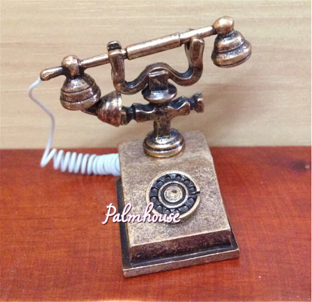 retro desk phone vintage telephone dolls houses furniture acc decor children pretend play toy 112 metal dollhouse miniature free global shipping