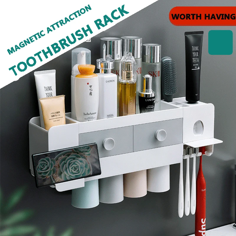 

Bathroom Accessories Set Magnetic Adsorption Inverted Toothbrush Holder Automatic Toothpaste Dispenser Squeezer Storage Rack