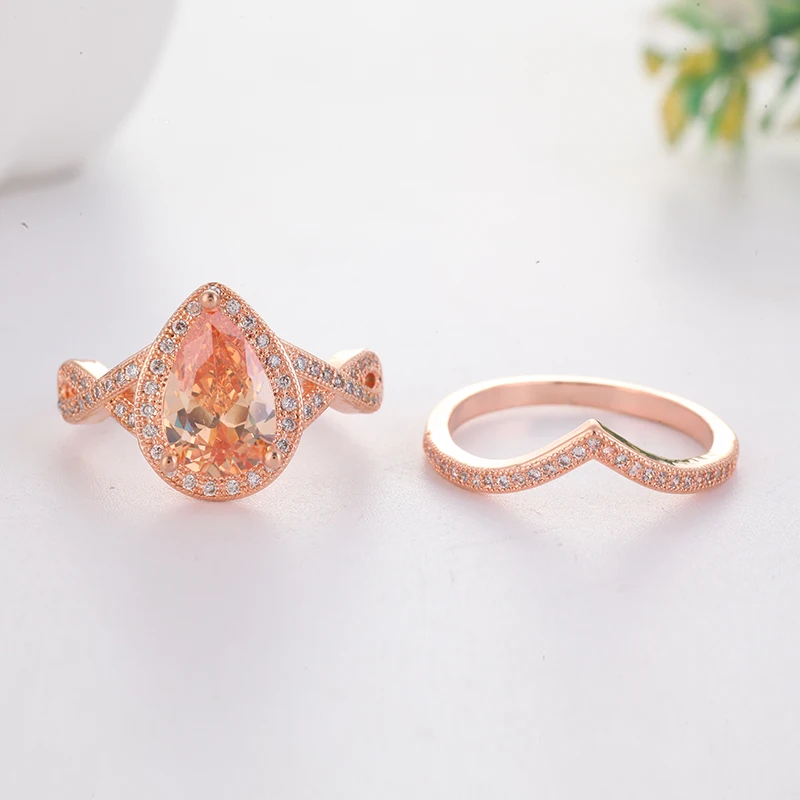 

2pcs/set Exquisite Orange Crystal Rings for Women Zircon Rose Gold Rings Female Couple Wedding Propose Marriage Luxury Gift