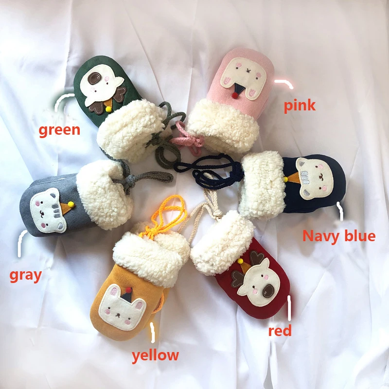 Зимние длинные митенки детские перчатки теплые меховые замшевые с мультяшным