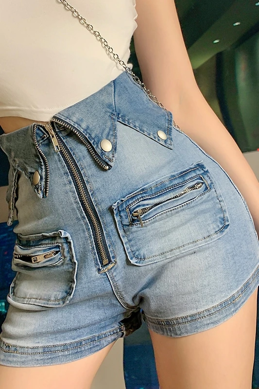 

2020 New Spring Women's Fashion High Waist Reverse Zipper Slimming Bag Hip Shorts Tight Denim Short Shorts Women Harajuku