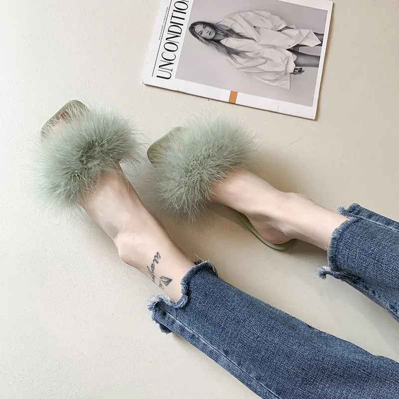 

Fur Shoes Womens Slippers Outdoor Pantofle Luxury Slides Flock Plush 2021 Flat Designer Soft PU Rome Basic Rubber Flat Shoes Fem