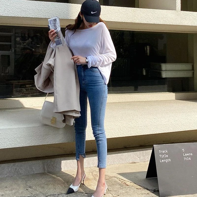 

2020 Hoge Taille Stretch Skinny Vrouwen Jeans Broek Split Manchet Vrouwelijke Potlood Jeans Vrouwen Streetwear Denim Jeans 10404