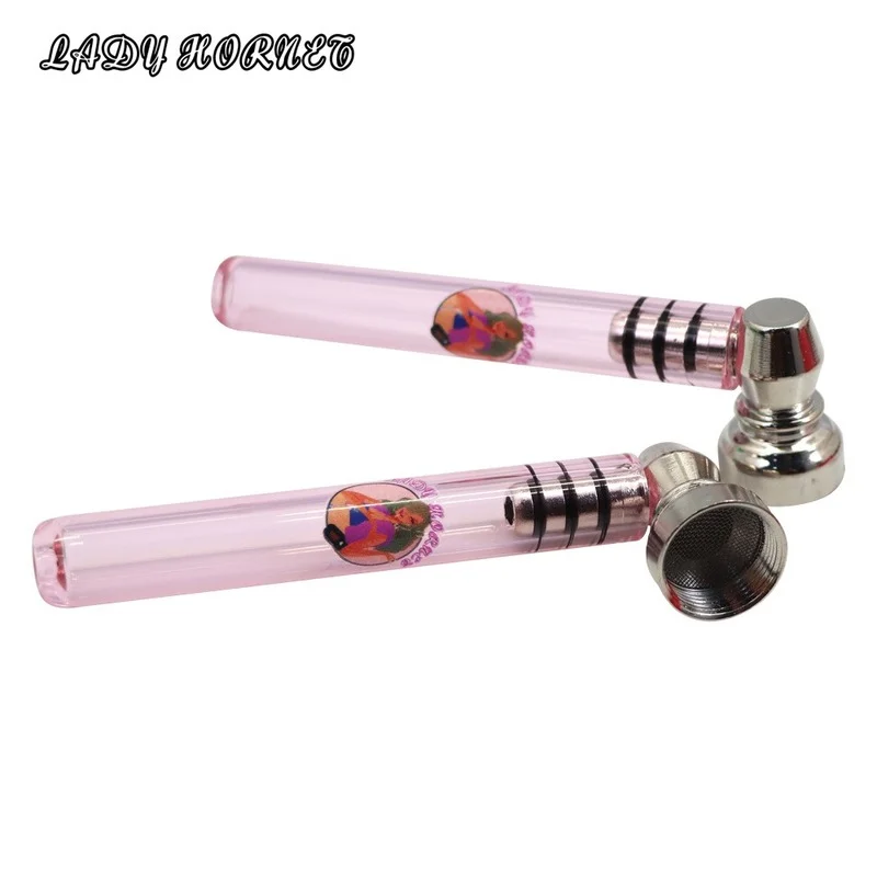 

1 Pc Lady Hornet 93MM Glass Pipe for Smoking with Clear Handle&Metal Bowl Tobacco Hand Spoon Herb Pipes Accessories Wholesale
