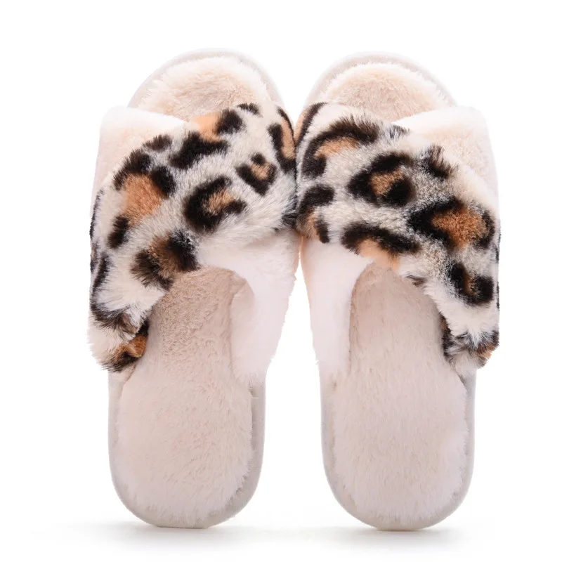 New Home Leopard Print Cross Hair Slippers Women European and American Ins Wind Breathable Plush Floor Cotton Slippers Women