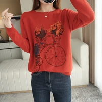 printed round neck cotton pullover sweater womens fallwinter new retro art lazy style large size loose knitted sweater trend