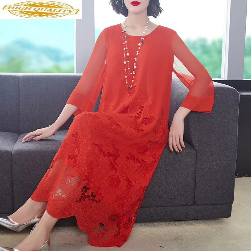 Шелковое летнее платье 2020 винтажное элегантное с вышивкой для женщин красное