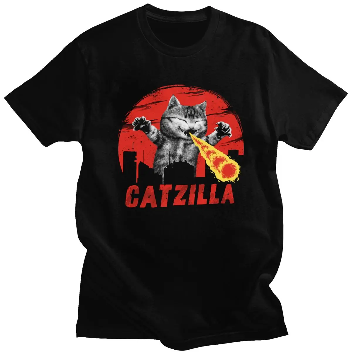 

Kawaii Catzilla T Shirt Cute Flaming Feline Cat Monster Tshirt Men Funny Short Sleeved Kitten Neko Comic T-shirt Cotton Tee Gift