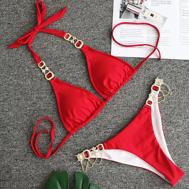 

Rhinestone Bikini 2020 Shiny Swimsuit Women Bikinis Crystal Diamond Bikini Set Metal Chain Swimwear female Bandeau Swimming Suit