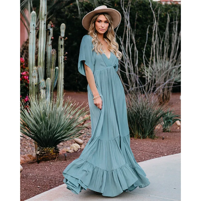 

Women's 2021 new spring summer fashion V-neck short sleeve solid long dress Free shipping