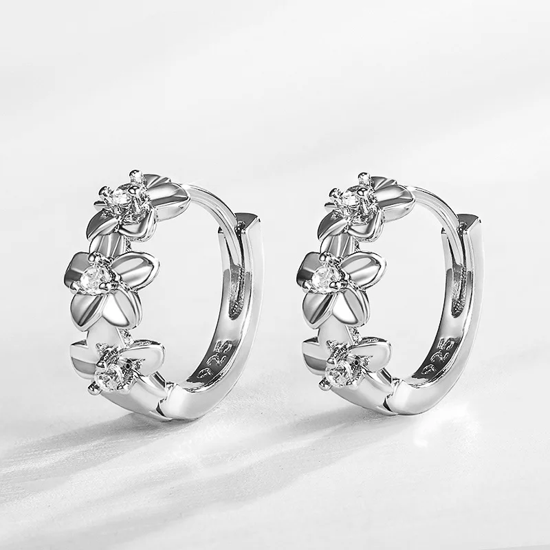 

Cute Silver Plated Plum Blossom Hoop Earrings For Women White Zirconia Inlay Flower Earrings Fashion Jewelry Party Accessories
