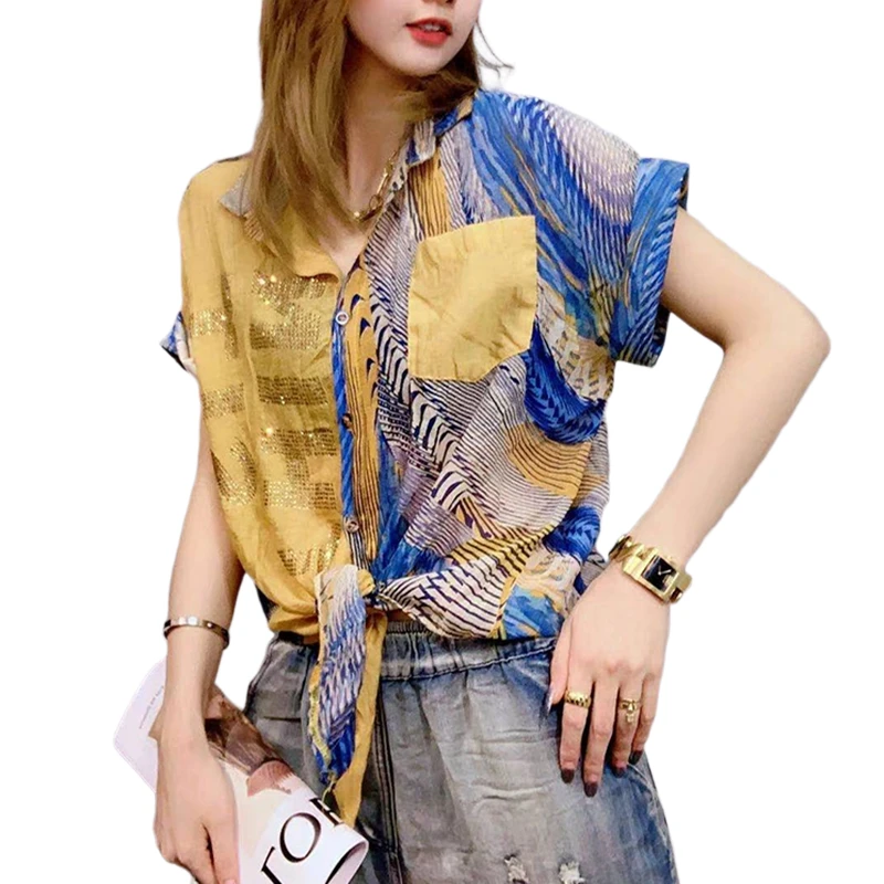 2021 Fashion Short Sleeve Shirt Female Sweet Flounces Beads Studded Thin Blouse Summer Patchwork Ladies Tops Blusa Y2k Top XC756
