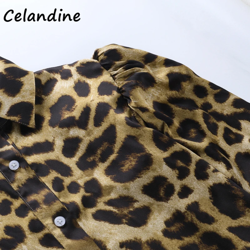 

Celandine Vintage Casual Blouse Women Long Lantern Sleeve Leopard Turn Down Collar Loose Oversized Shirt Blouses Female Tops
