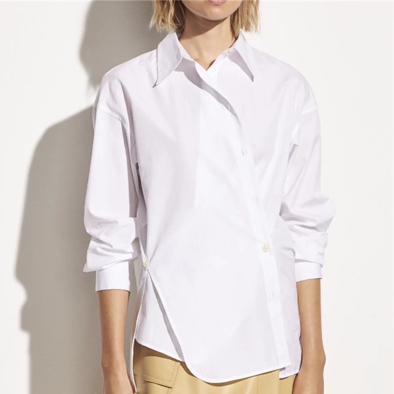 Women Shirt Early Spring 2021 New Loose Version Split Design 100% Cotton White Blouse