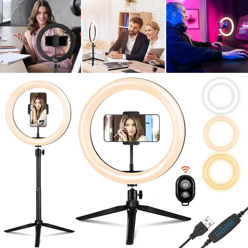 

10 Inch Selfie Ring Light Tripod with Bluetooth-compatible Remote Control Stand Lamp Photography Dimmable LED Phone Studio