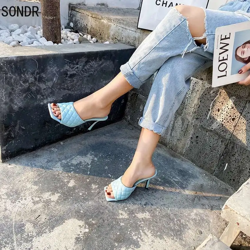 

2020 NEW Sexy PU diamond Square head Peep Toe High Heel Slippers Summer Fashion Slip On Thin Heels Slides Women Mules Party