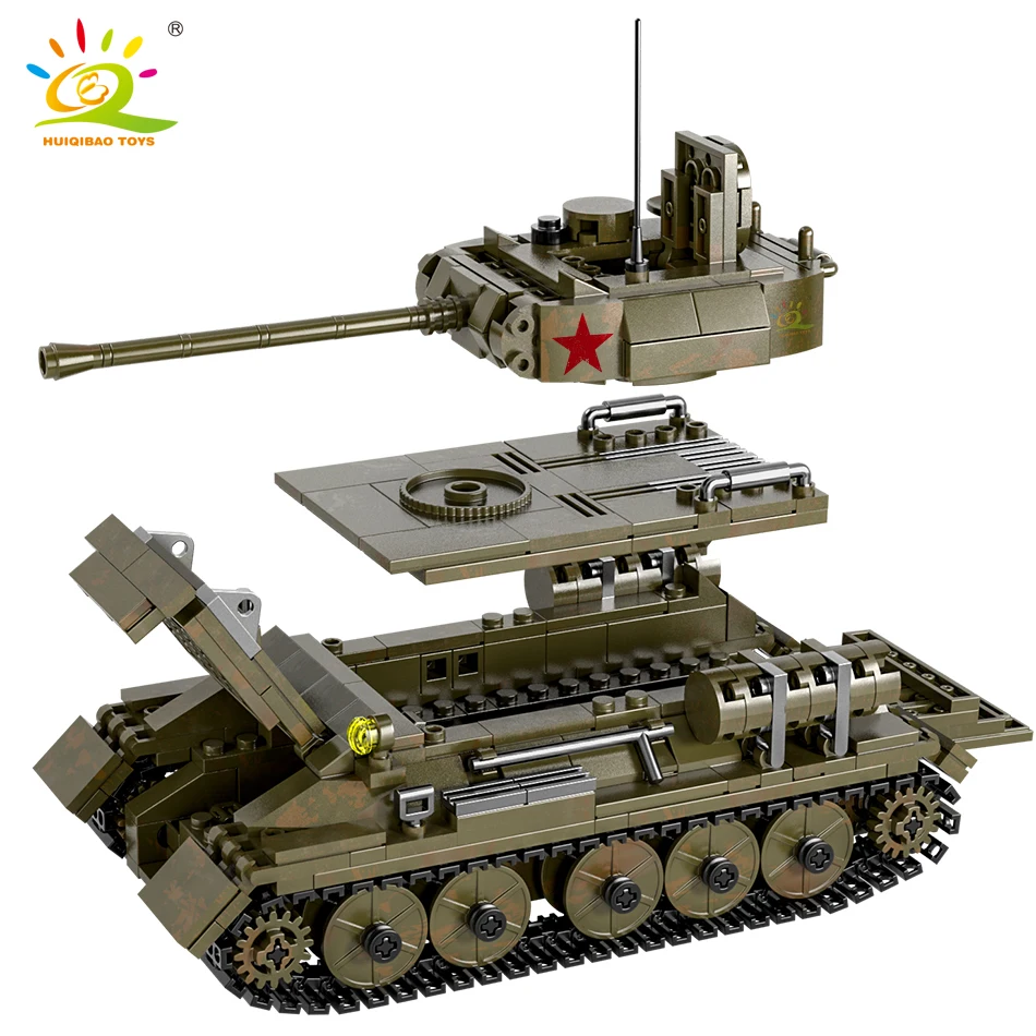 

HUIQIBAO 854pcs Military Model Building Blocks WW2 T-34 Medium Tank with 3 Soldier Figures Army Weapon Bricks Toys For Children