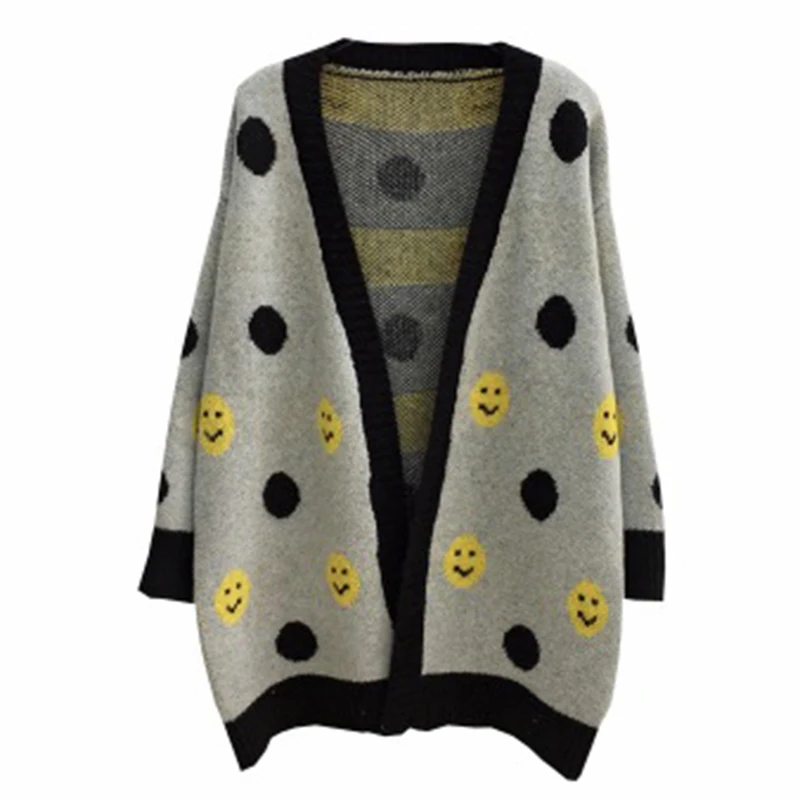 

SALEQI Smile Face Print Knit Female Cardigan Jacket 2021 Women V Neck Fashion Patchwork Knitshirt Coat Casual Women' Sweater