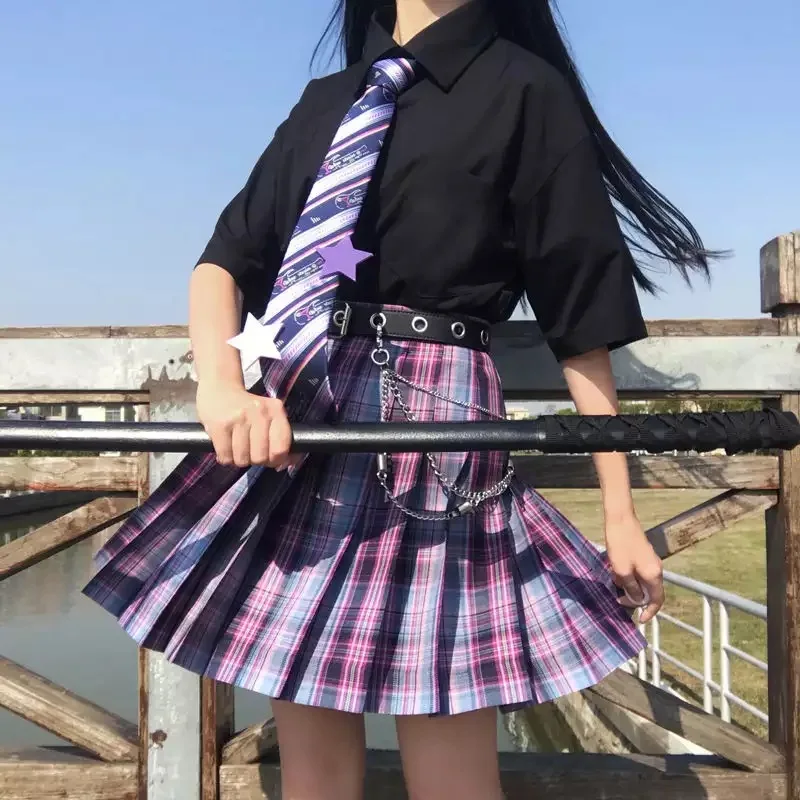 

2020 Summer and Autumn New Women's Purple Gothic Pleated Plaid Skirt High Waist Harajuku Japan Cute Sexy Mini A- line Skirt