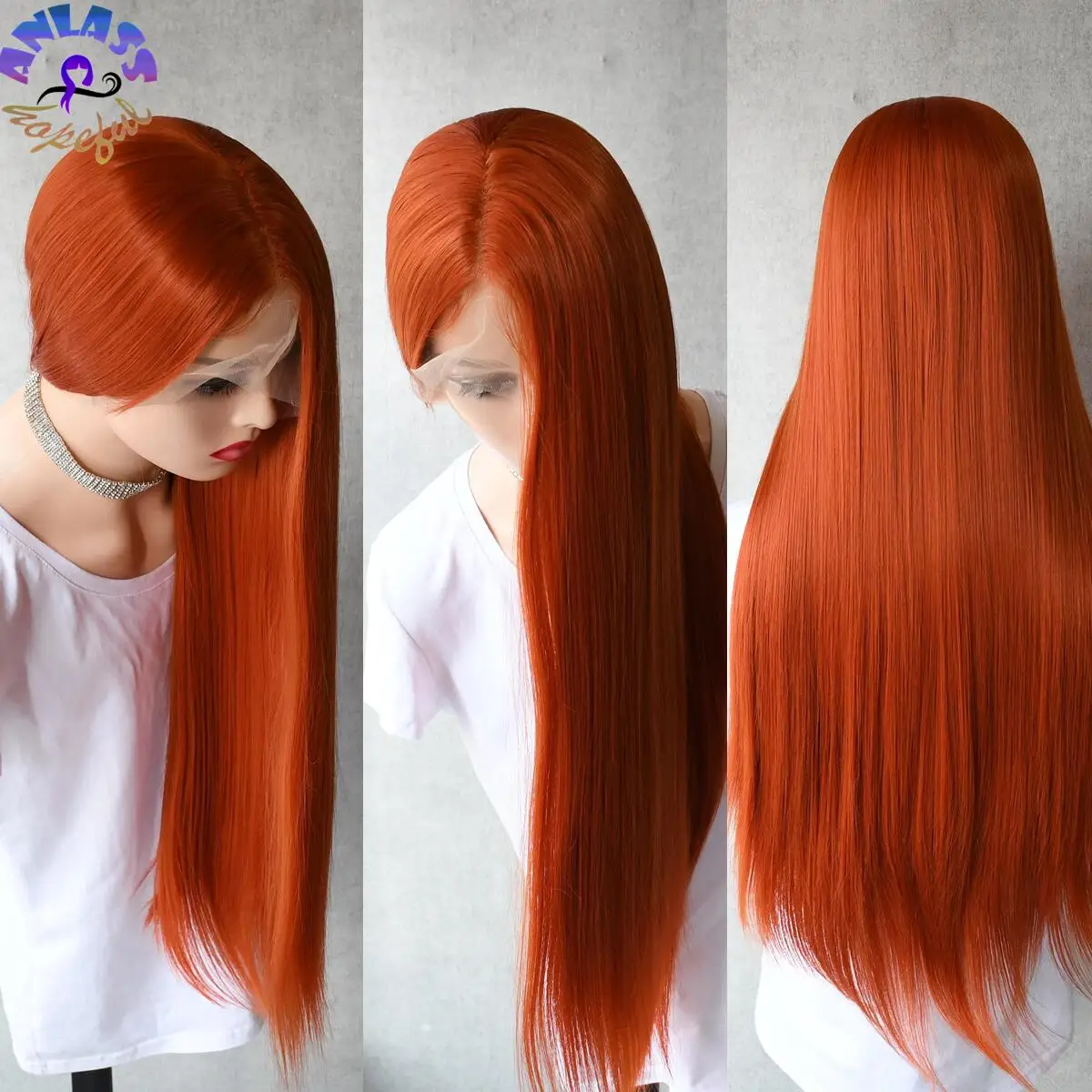 Парик Ginger Wig для женщин длинные прямые синтетические T-образные на сетке спереди