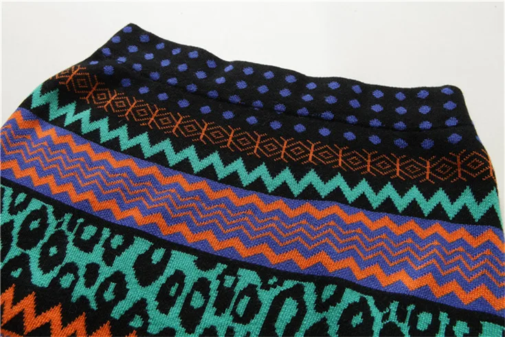 

Autumn Winter Fashion Vintage Contrast Colo Geometric Pattern Print Sweater and Mini Skirt Two piece sets Women Knitting Set