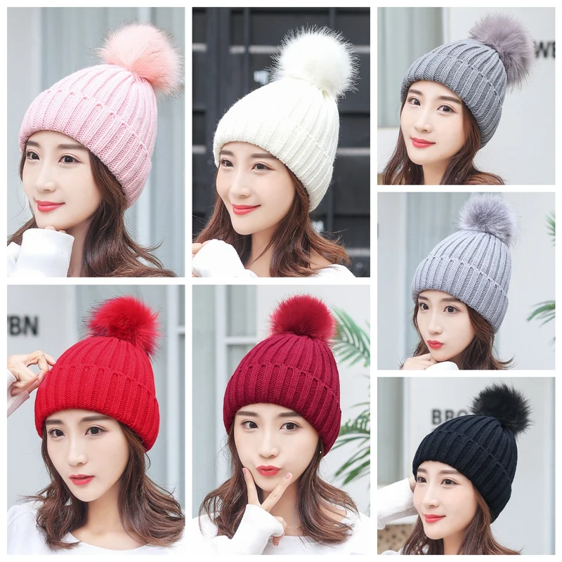 

New Autumn And Winter Hat Big Hair Ball Knitted Hat For Woman Outdoor,Shopping To Keep Warm Adjustable/Hat Circumference 55-60cm