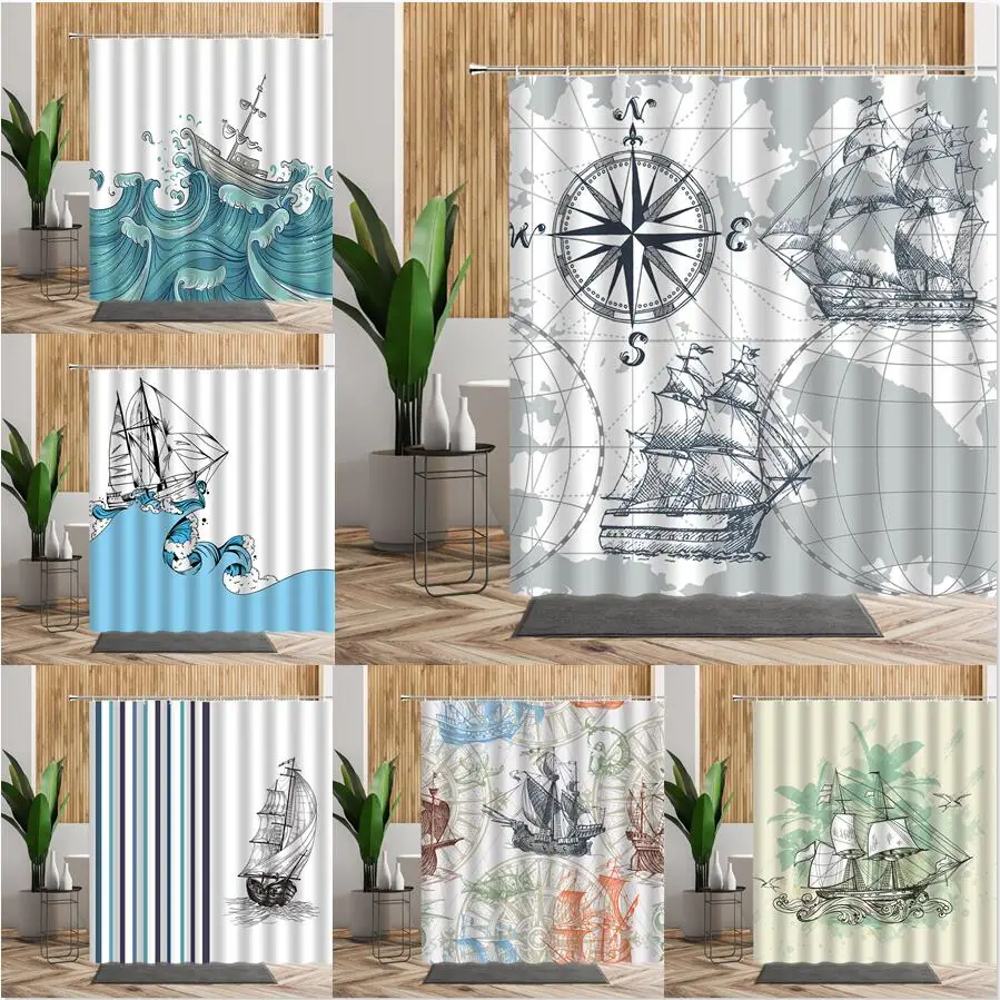 3D занавеска для душа в скандинавском стиле ручная роспись компас парусник