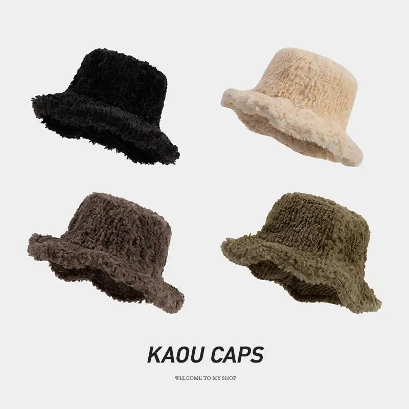 

2022 Fashion Women's Bucket Hat Solid Color Wavy Edge Fishing Bucket Hat Autumn and Winter Lamb Fleece Outdoor Warm Panama Hat