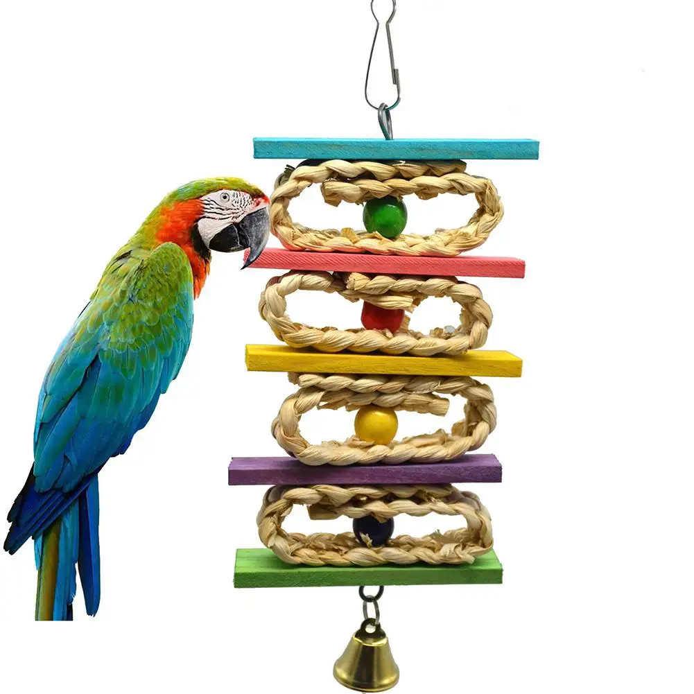 Птица Попугай жевательная игрушка колокольчик ткачество цветная деревянная