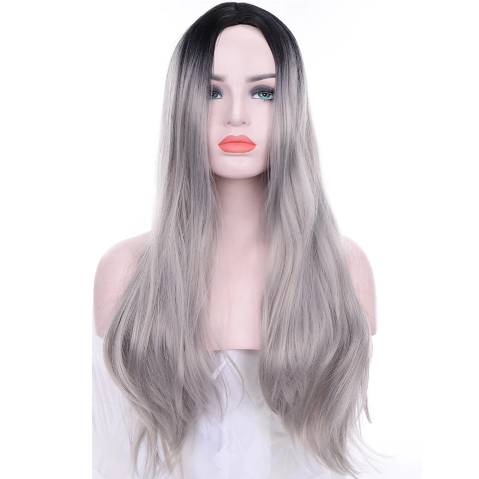 AILIADE Long Synthetic Wig Deep Part Straight Wigs Ombre Cosplay Mixed Black and Gray for Women | Шиньоны и парики