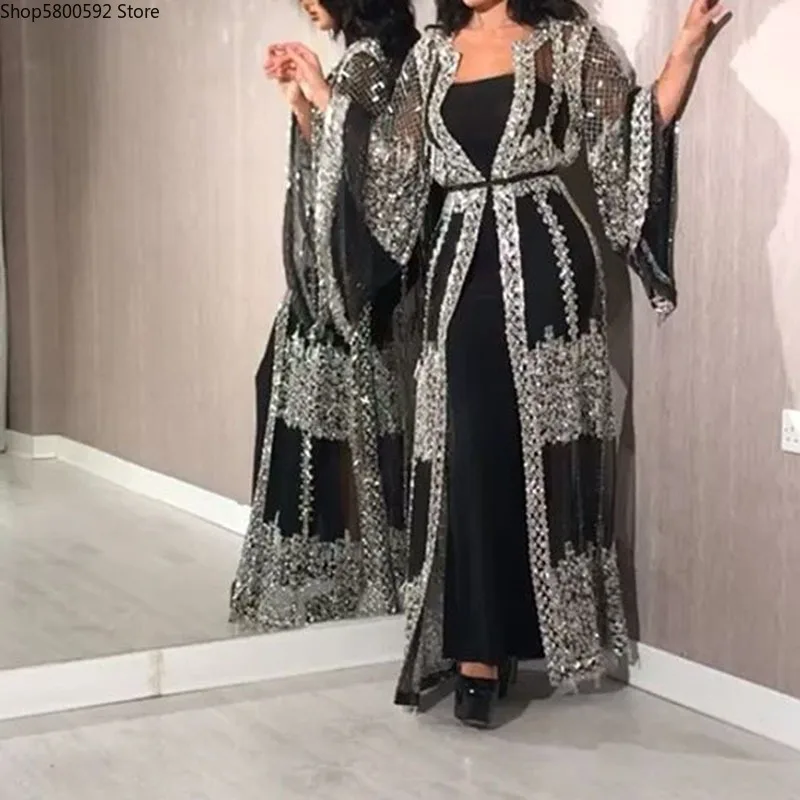 Luxury Muslim Mesh Abaya Dress Cardigan Sequins Kimono Long Robe Gowns Jubah Vestidos Sexy Party Middle East Eid Ramadan Islamic