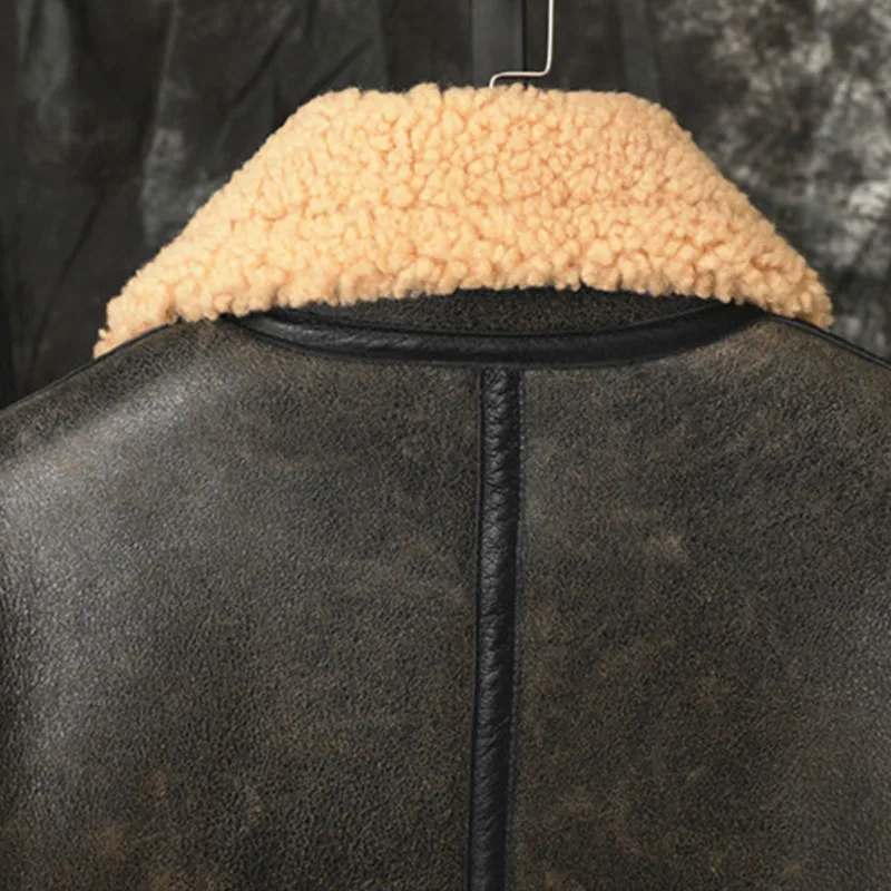 

2021 Dark Green Military Style Genuine Shearling Coat Large Size 4XL Real Natural Thick Sheepskin Russian Winter Leather Jacket