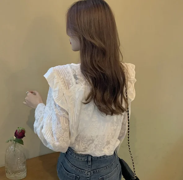 

Autumn Women Lace shirt Female Ruffles embroidery blouse Long sleeve Ruffles Hollow out Crochet top