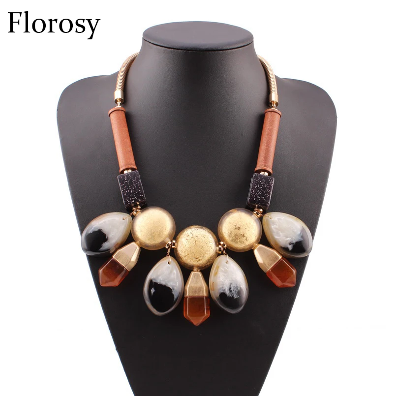 Gold Color Chain Big Chunky Necklace For Women Florosy Brand Jewelry Wood Resin Material Statement Pendant | Украшения и