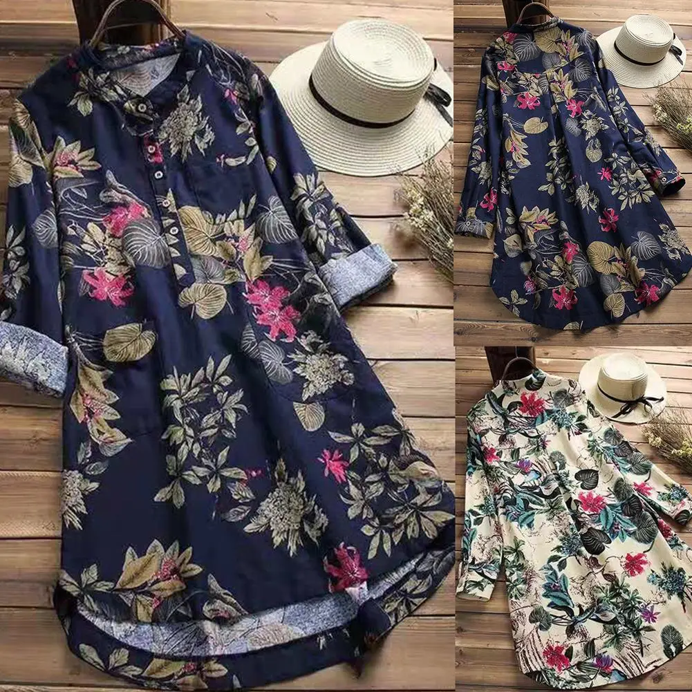 Женская блузка средней длины с длинным рукавом и стоячим воротником размера плюс