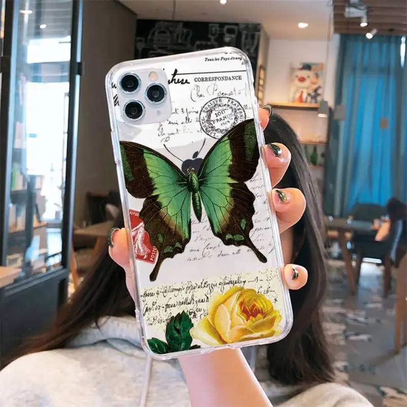 

Vintage art butterfly Phone Cases Transparent for iPhone 6 7 8 11 12 s mini pro X XS XR MAX Plus se cover funda shell