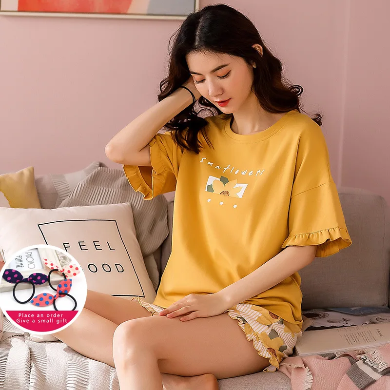 Желтая Пижама для женщин хлопковая свободная одежда сна с рисунком хризантемы