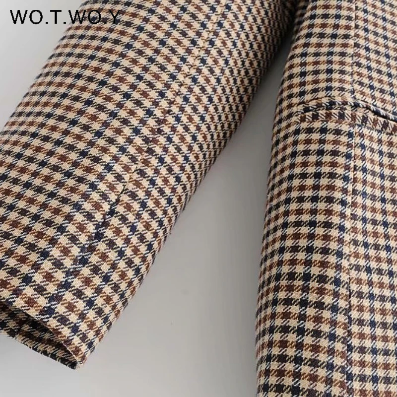 

WOTWOY Double Breasted Oversized Plaid Blazer Women Spring Autumn Office Lady Jacket Female Business Suits Coat 2021 Ladies Tops