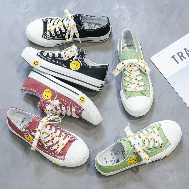 

Women Vulcanize Shoes Causal Sneakers Lady Summer Flats Smiling Face White Canvas Shoe Female Cute Girl Trainers Teen 2021 Trend