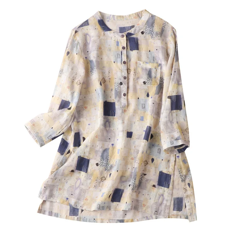 

Shuchan Womens Tops and Blouses 2021 Summer Ramie Casual Print O-Neck Three Quarter Sleeve Shirt Ladies Tops
