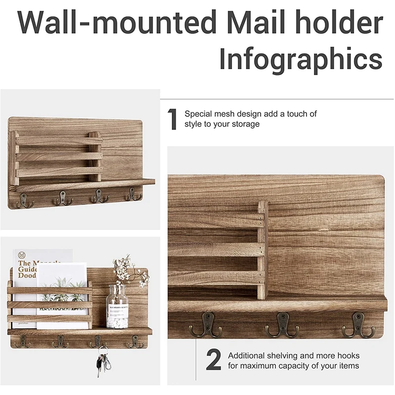 

Wall Mounted Mail Holder Wooden Mail Sorter Organizer,with 4 Double Key Hooks Home Decoration,for Entrance or Mud Room