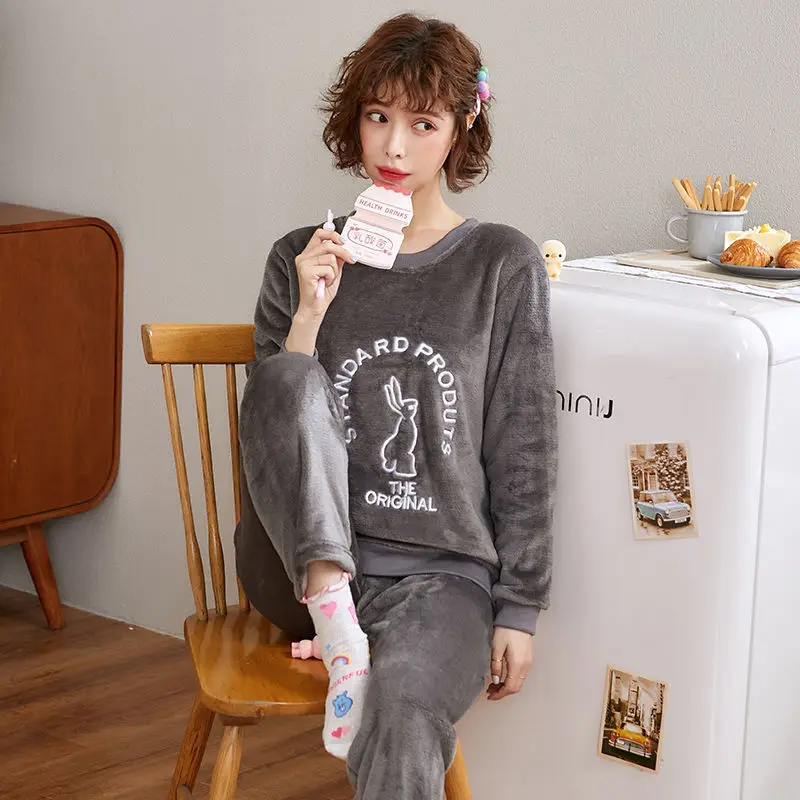 sleepwear women set Пижамы женские большие размеры пижамы из плотной ткани женские теплые длинные осенние пижамы зимний домашний костюм женская пижама домашний L-XXL - Color: sleepwear women set