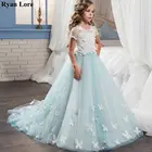 Элегантные светильник-Голубые Платья с цветочным принтом для девочек 2020, детское платье принцессы с аппликацией и коротким рукавом для свадьбы, первого причастия, наряд для конкурса